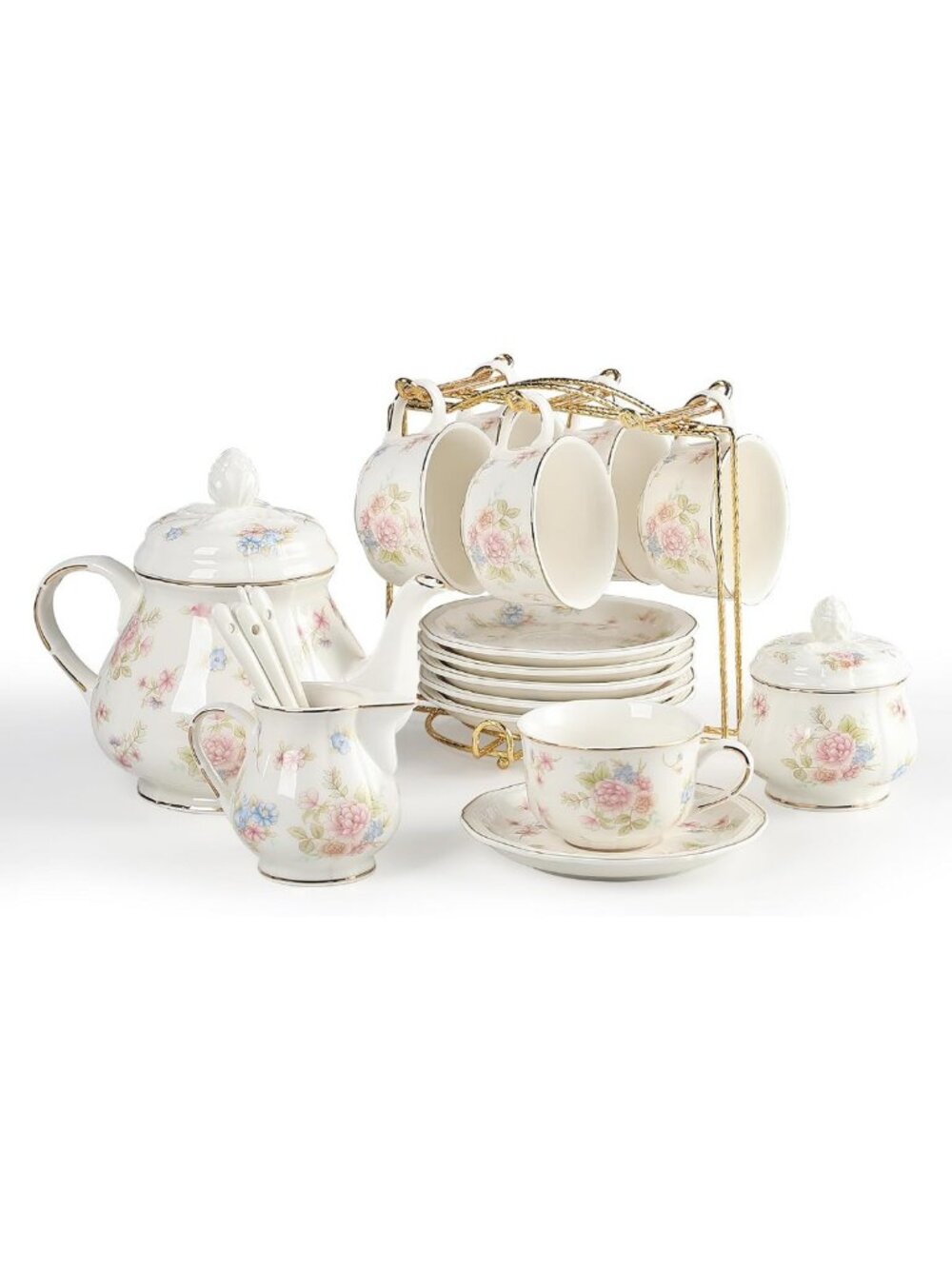 Floral Porcelain Tea Set for 6 - 23 Pcs with Teapot, Sugar Bowl & Metal Holder